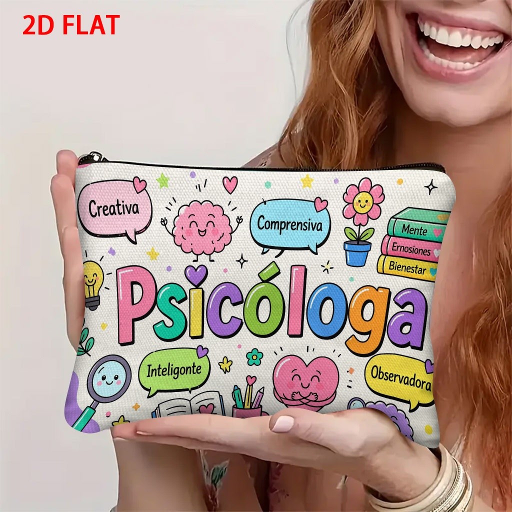 TEMU 1 ud. bolsa de maquillaje con estampado de psicólogo estilo dibujos animados, bolsa de poliéster duradera con temáticos de psicología,