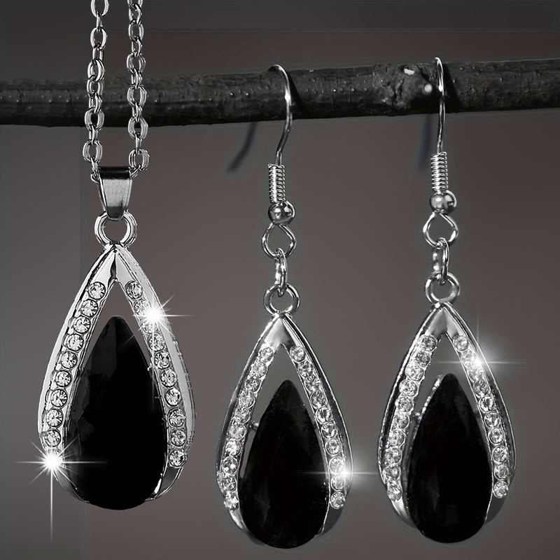 TEMU 3pcs Fashionable And Exquisite Black And Droplet Glass Pendant Earrings Necklace Set Valentine's Day Anniversary Celebration Birthday Party