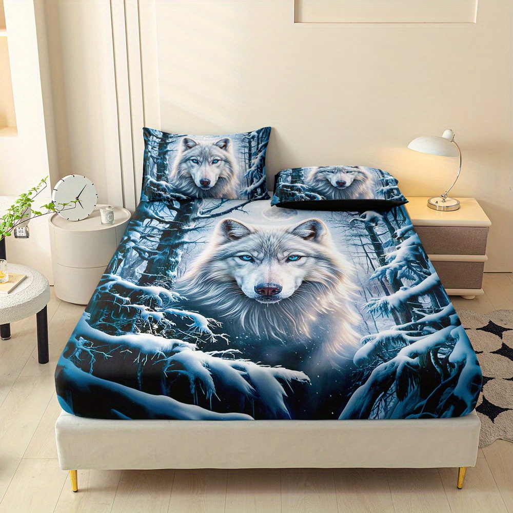 TEMU 3pcs Animal Wolf Print Fitted Sheet Set, Queen Mattress Protector, Double Bed Mattress Protector, King Bedding Kit, Polyester Machine Washable,