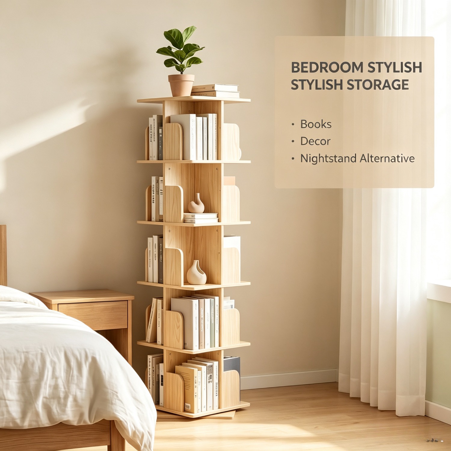 360° Rotatable Free Bookshelf, Natural Rotating Bookshelf, Suitable For Living Room, Study Room, Office, And Can Be Used As Divider