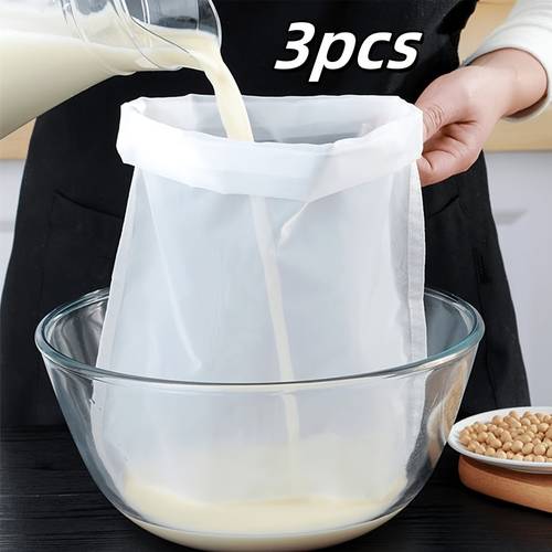3pcs ultra fine mesh nylon strainer bags with drawstring closure reusable transparent kitchen filters for milk soy milk yogurt coffee tea elegant design durable easy clean liquid straining modern kitchenware sturdy construction fine sieve diy food prep