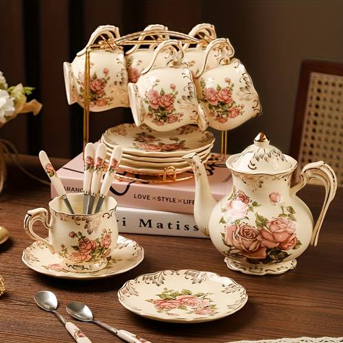 19pcs vintage floral tea service set with display stand 6 embossed teacups 6 matching saucers 6 spoons holiday afternoon and restaurant service elegant gift ready presentation