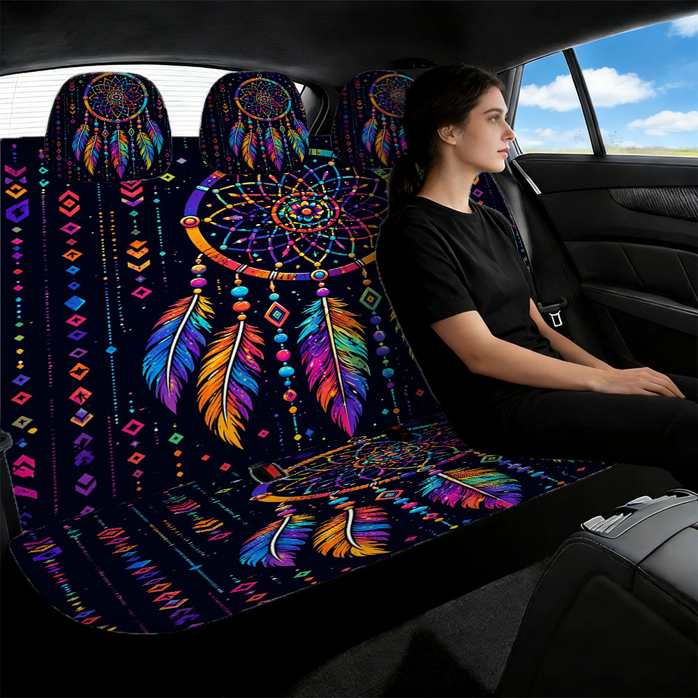 Image of 5pcs Boho Dreamcatcher Car Seat Covers Compatible For Rear Seats, Fit Suitable For Most Cars Sedans & Suvs, Feather & Bohemian Decor, Cover For Women' Vehicle, Holiday Gift