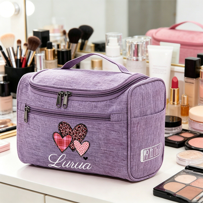 TEMU Leopard Checkered Heart Print Name Customization Hand Wash Bag, Warm Birthday Gift, Anniversary Present , Unisex Handheld Organizer, Makeup And