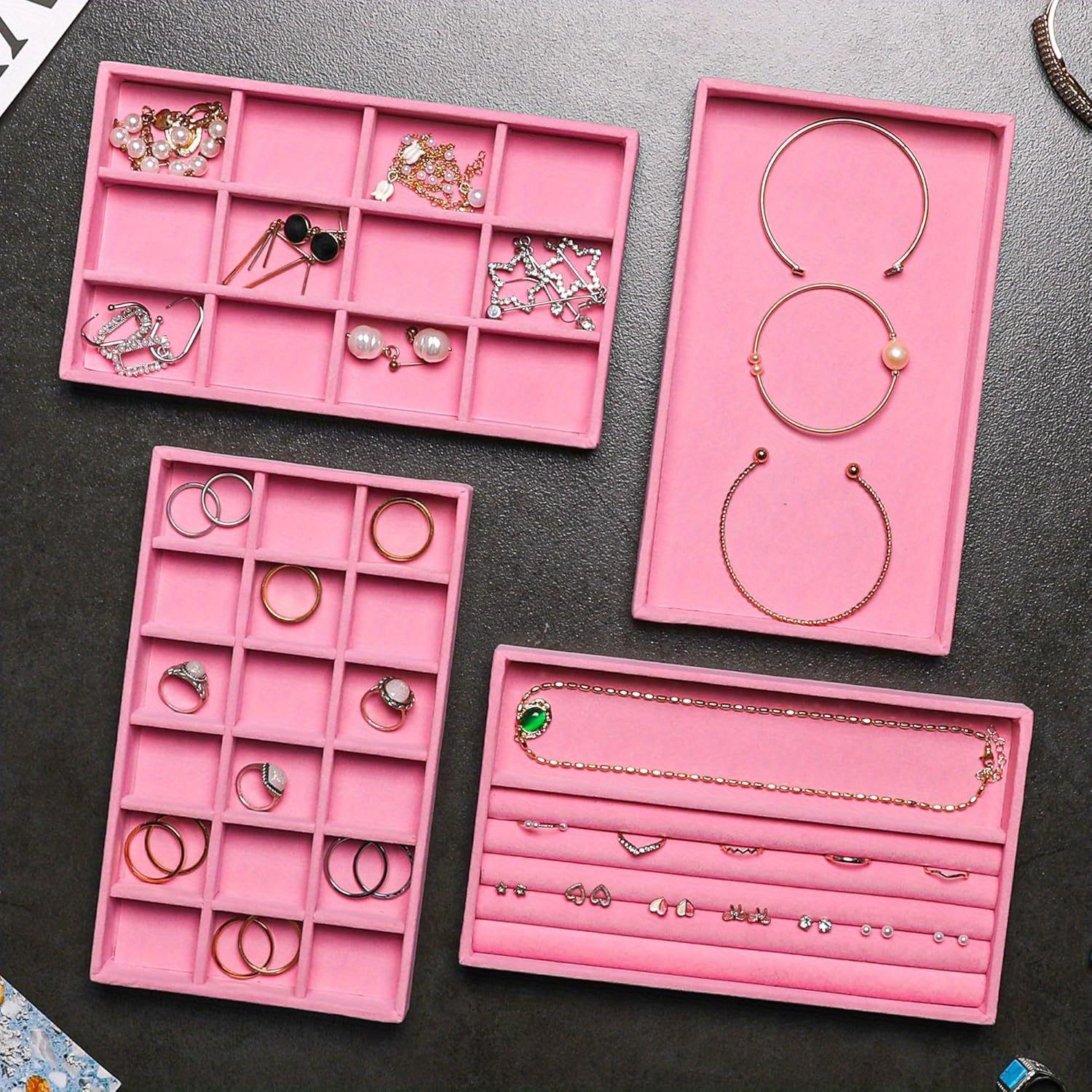4pcs Stackable Velvet Jewelry Storage Tray Set