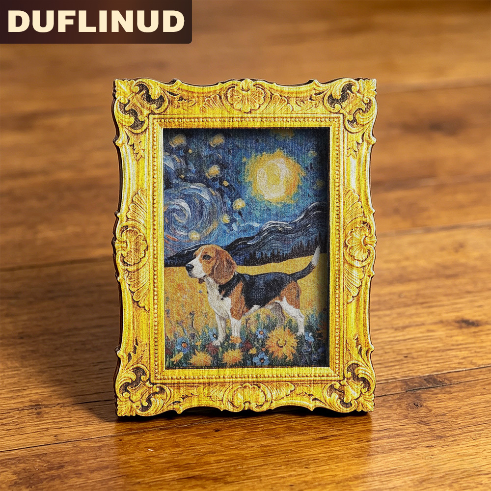 TEMU Duflinud Beagle Dog Fridge Magnet - Van Gogh Starry Night With Beagle Design, Mini Wooden Suitable For For, Kitchen Decor, Wood Base, Retro