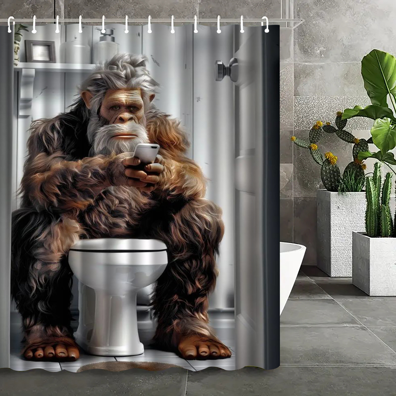 Gorilla-Themed Shower Curtain with Mobile Phone Design