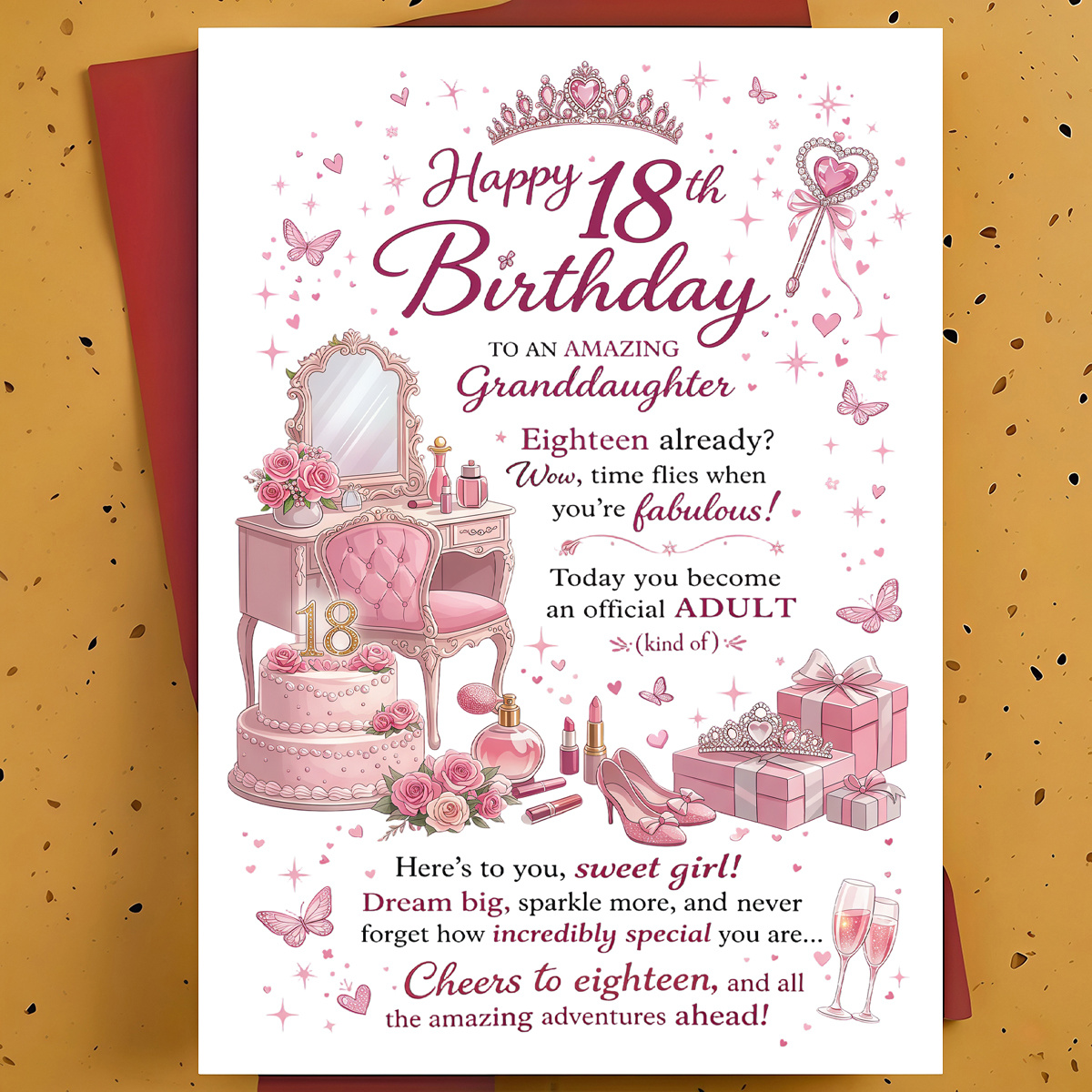 TEMU 1pc Sweet 18th Birthday Greeting Card For Granddaughter, Niece, Close Female Friend – Vanity And Cake Modern Illustration, Card, With Envelope