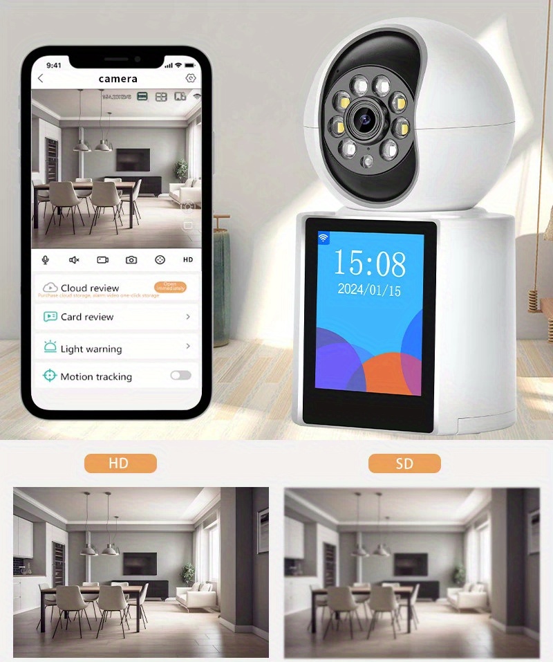 camera de securitate pentru exterior cu rezolutie hd 1080p de 2mp, cu audio bidirectional, vedere panoramică de 360°, detectare de   si audio bidirectional - autoadeziva, alimentata   usb pentru monitorizarea  ,   persoanelor in varsta si a bebelusilor, camere de securitate pentru casa, dispozitiv de ajutor pentru persoanele in varsta, design compact, inregistrare de   rezolutie detalii 1