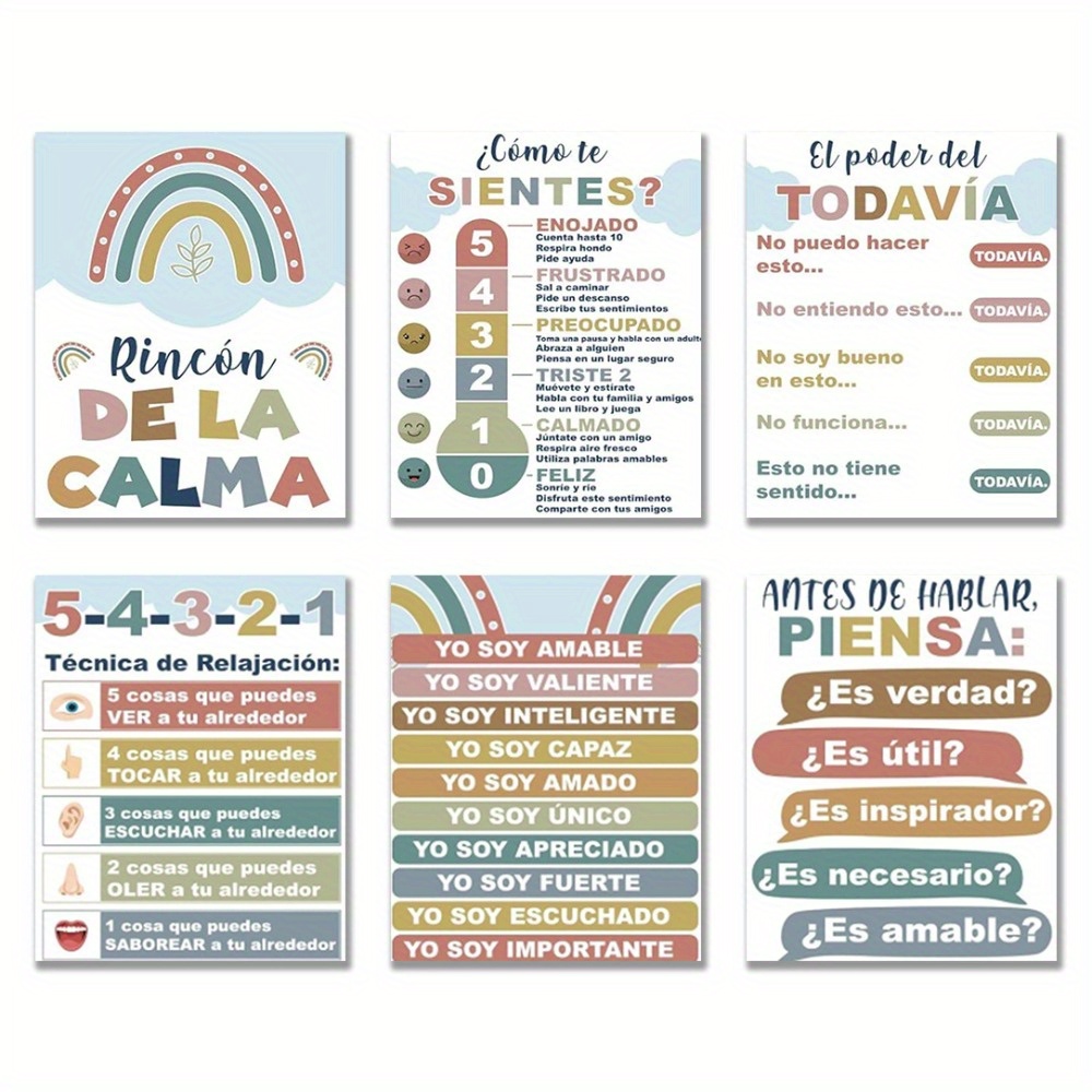 TEMU Set de 6 pósters planos 2D sin de mindfulness en español, que miden 8X10 pulgadas, diseñados para un de relajante. artísticas proporcionan