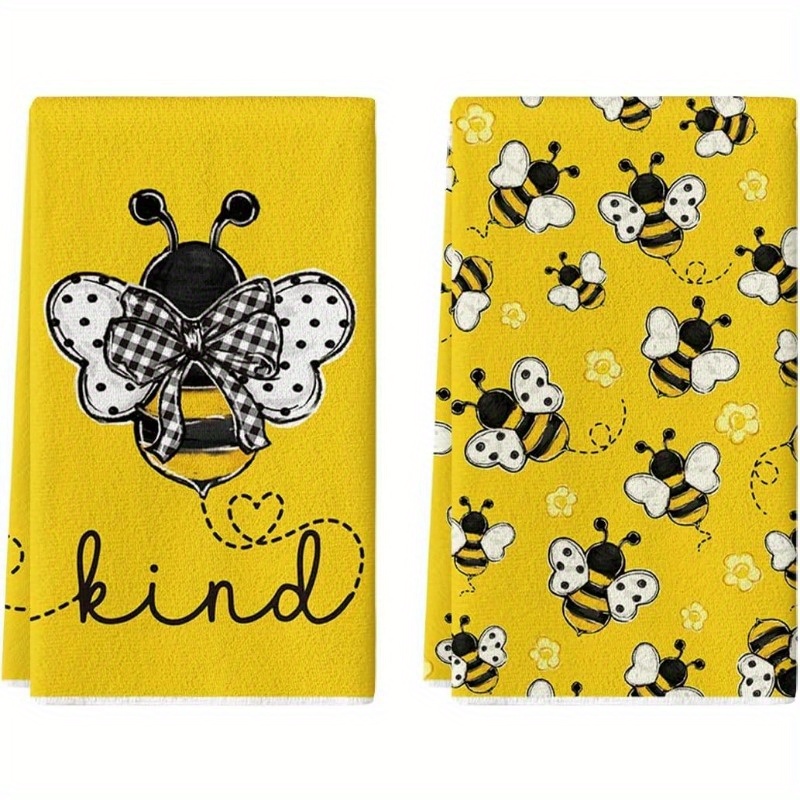 

2-pack Modern Bee & Kind Themed Kitchen Towels, 18x26 Inches, 100% Polyester, Super Hand Towels, Machine Washable, Yellow Farmhouse Summer Decor Dish Cloths