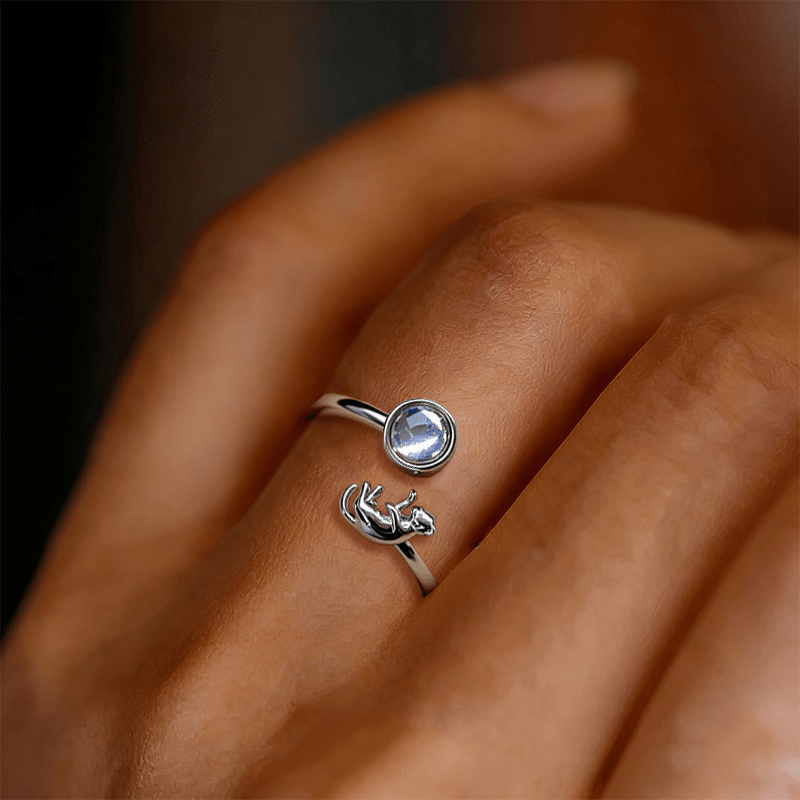Women's Kitten Playing Open Ring, Fun Gift for Cat Lovers