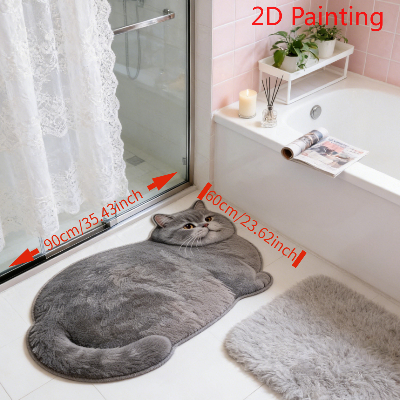 TEMU Tapis de salle de bain chat bleu original en velours 800G, style Ins, tapis d'entrée chat antidérapant, tapis de décoration amusant pour chambre