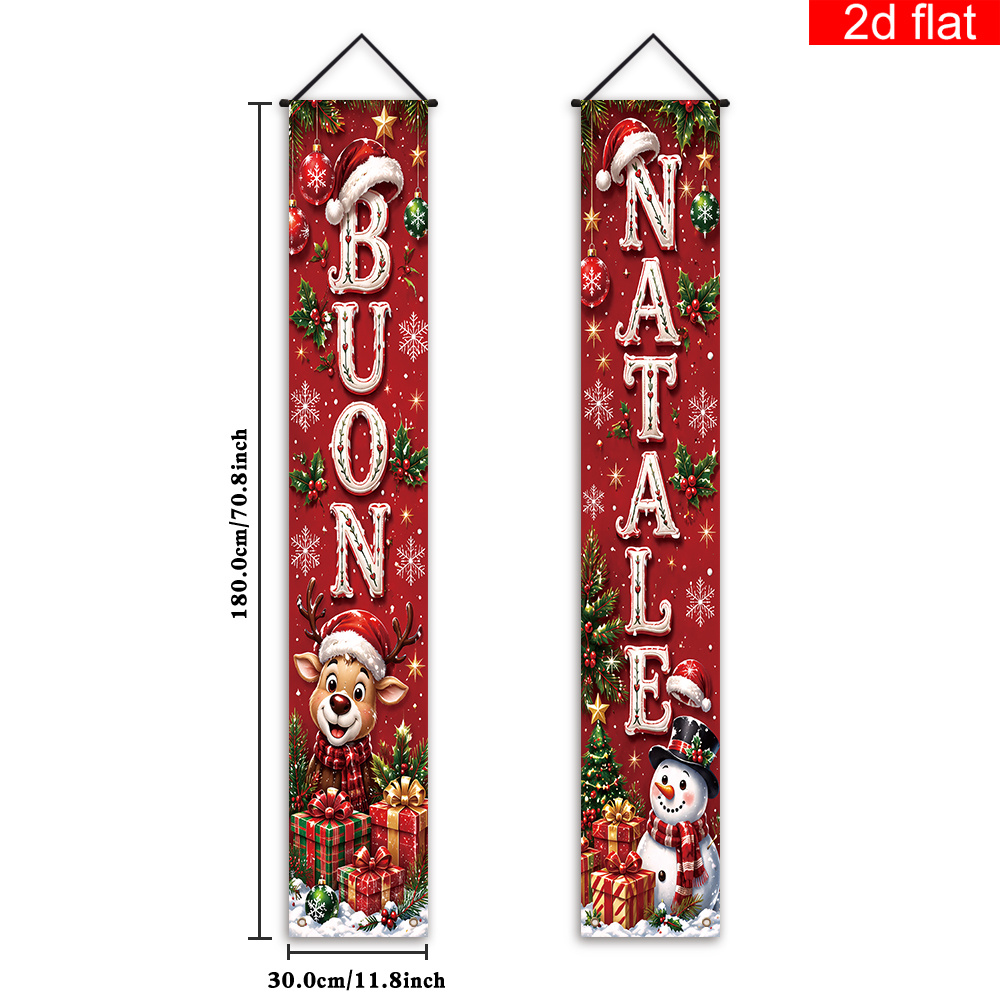 TEMU 2d Flat, 2pcs Italian Merry Christmas Banner Suitable For Front Door Welcome, Italian Text & Reindeer Snowman Decorations, Red Background With