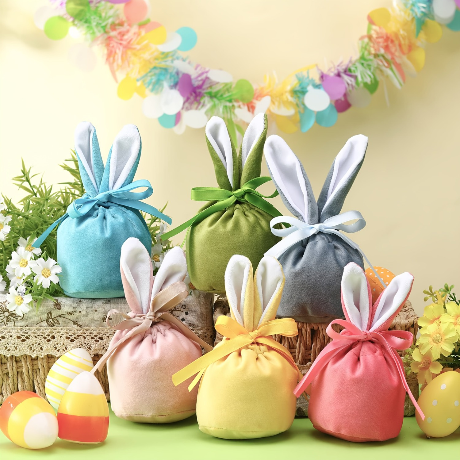 

6pcs Easter Bunny Velvet Drawstring Gift Bags With - Assorted Colors (blue, Green, Pink, Yellow, Gray) - Candy, Snacks, Party Favors, And Basket Fillers