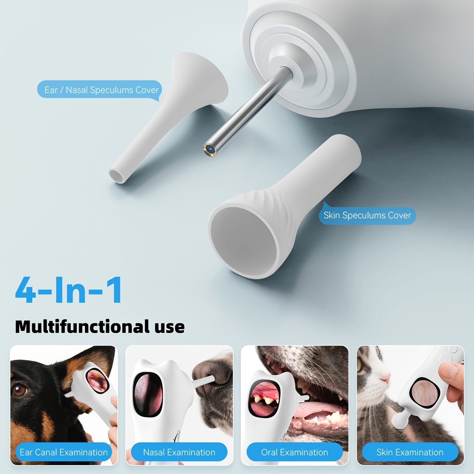 This Home-Use Pet Smart Detector Combines Four Functions in One, Featuring a 1080P High-Definition Ear Endoscope Camera with 4X Zoom for Clear Internal Viewing. It Comes with 12 Specialized Examination Heads to Fit Different Body Parts