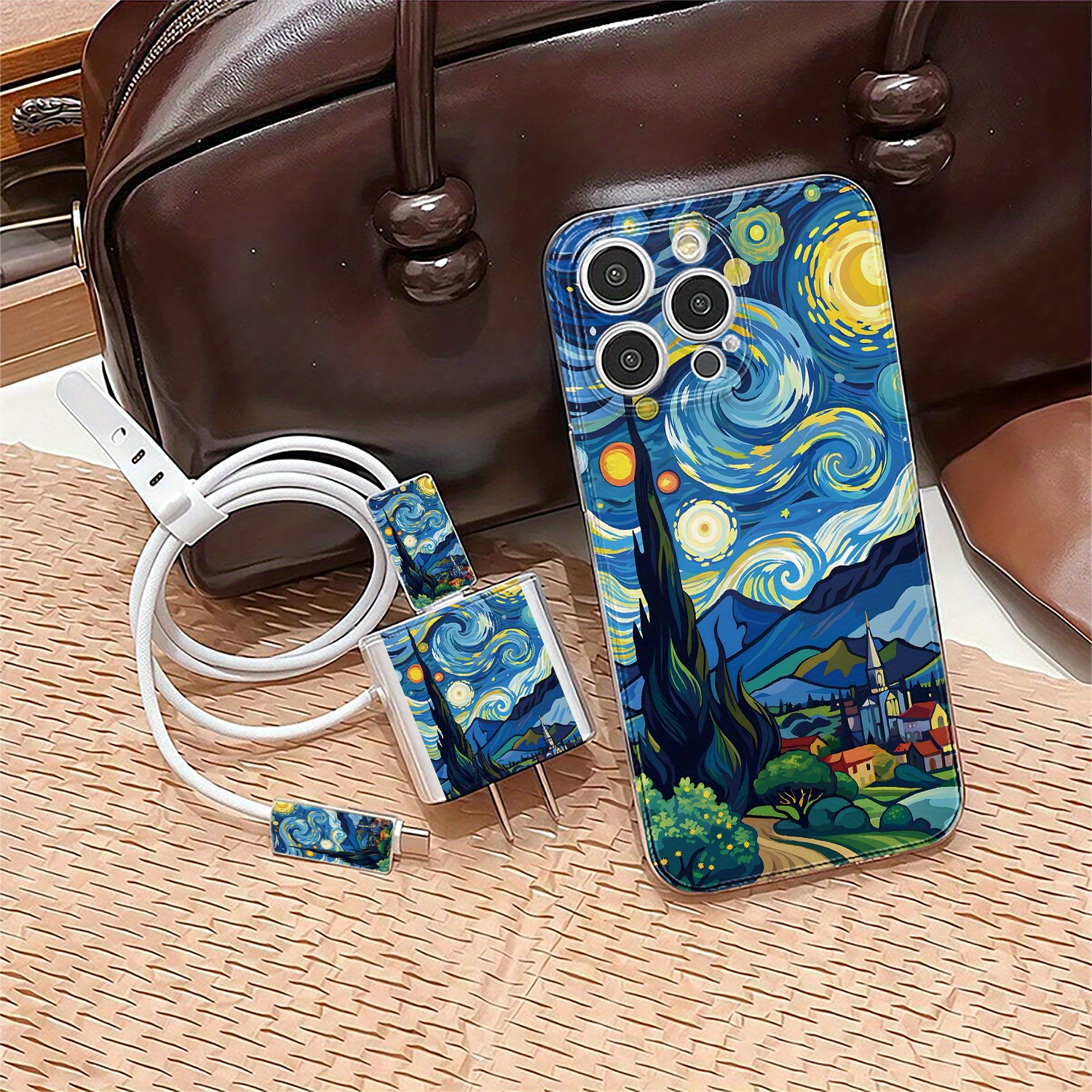 TEMU Phone Case: Starry Night Moon Clouds Stars Aesthetic Chic Unique 5pcs Set, 1 Mobile Phone Case   1 Charger Protective Case   Cable Tie, 2 Data