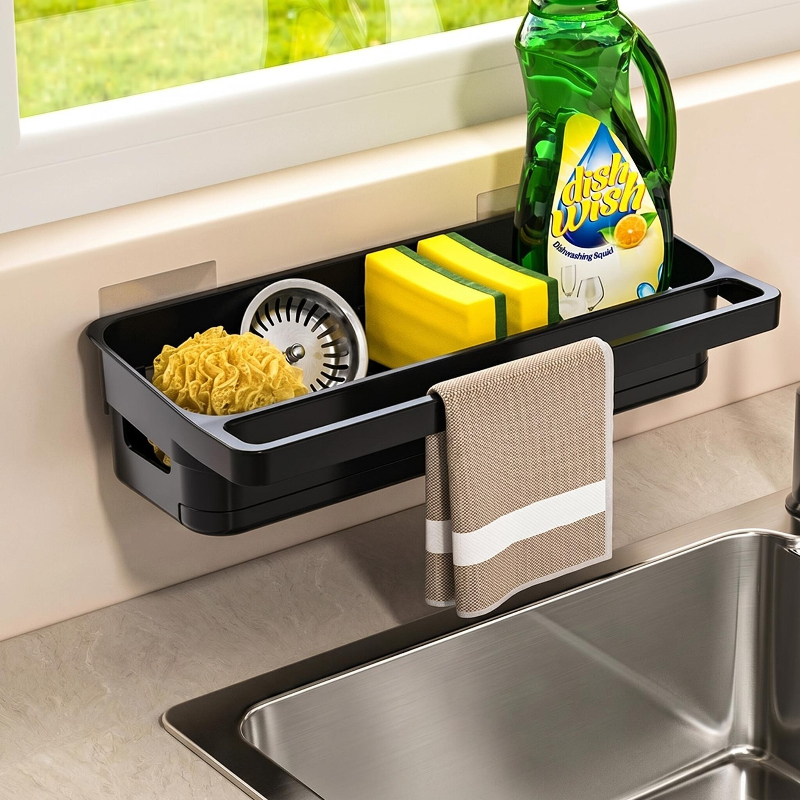 TEMU No-drill Wall-mounted Kitchen Sink Organizer, With Removable Draining Tray And Adhesive Hanging Storage Box With Drip Tray, Waterproof