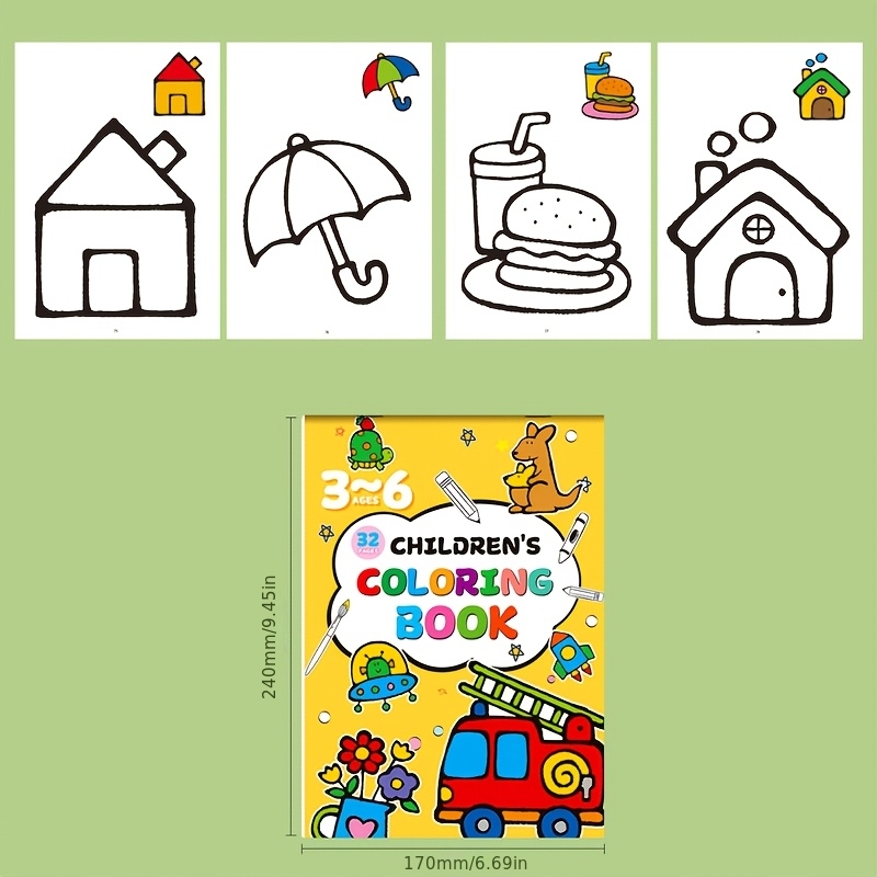 Image of Children's Drawing And Coloring Book, Includes Colored Cases, Doodle And Coloring Book, Cartoon Animals, Transportation, Food Themes, Fun Coloring Book With Crayons, 32 Pages