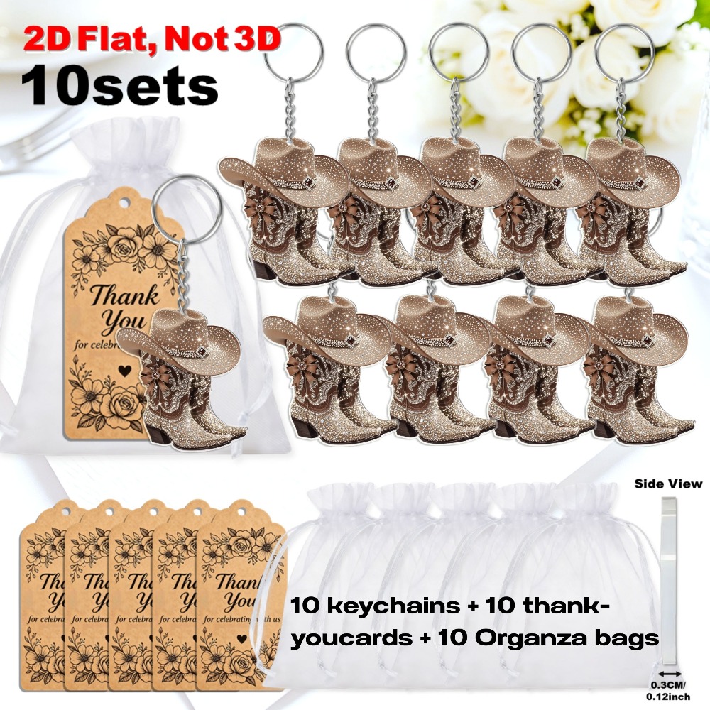 TEMU 2d Flat, 2d Set Of 10 Brown Glitter Cowboy Hat And Boot Keychains, With Thank You Tags And Organza Bags, A Western Cowgirl Gift, Bachelorette