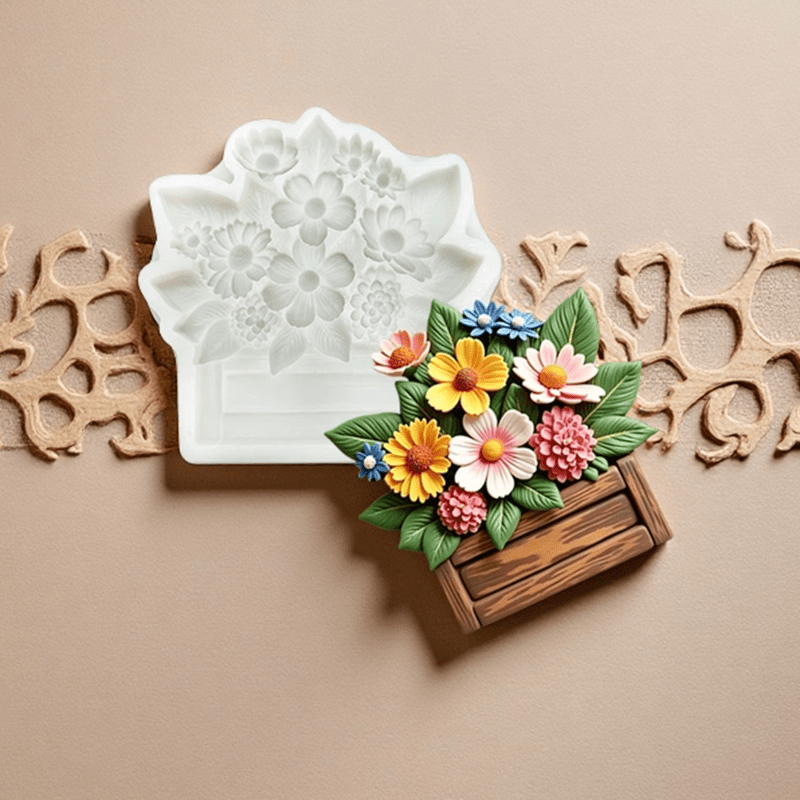 TEMU 1pc Rustic Style Sunflower And Daisy Wooden Plank Flower Basket Candle Scented Wax Flake Silicone Mold, Simulated Flower Basket Shaped Plaster
