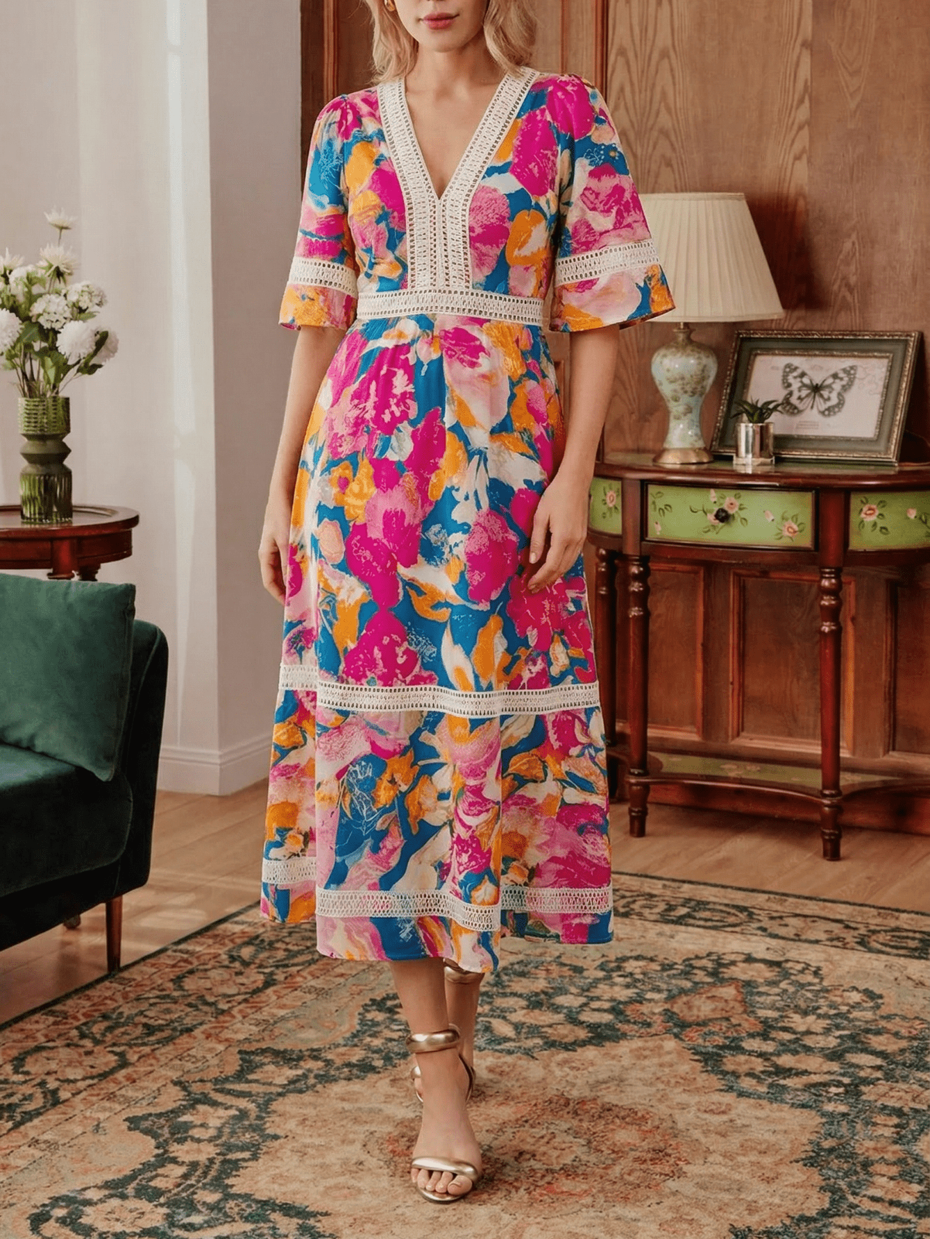 Color-Striped Color-Block Floral Printed V-Neck Short-Sleeve Dress Women'S  *-Length Waist-Cinched Flared Style Trendy Personalized Chic with Lazy * *  Spring/Summer Casual * & Leisure Commuting Looks