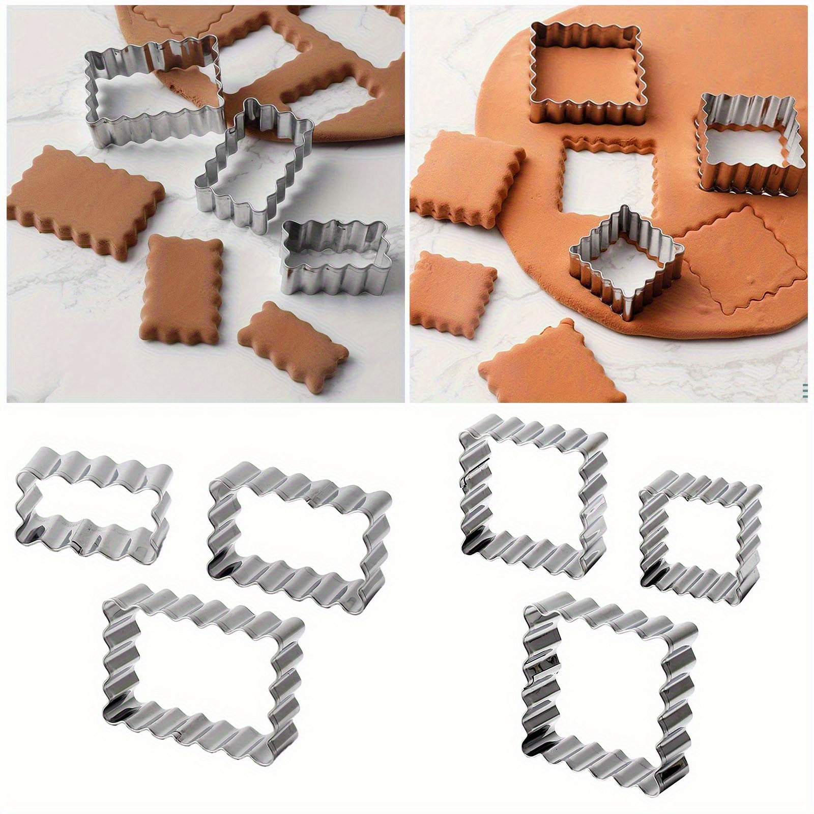 E-shop 6-teiliges Ausstechformen-Set aus Edelstahl, inklusive rechteckiger quadratischer Formen in drei verschiedenen Größen.