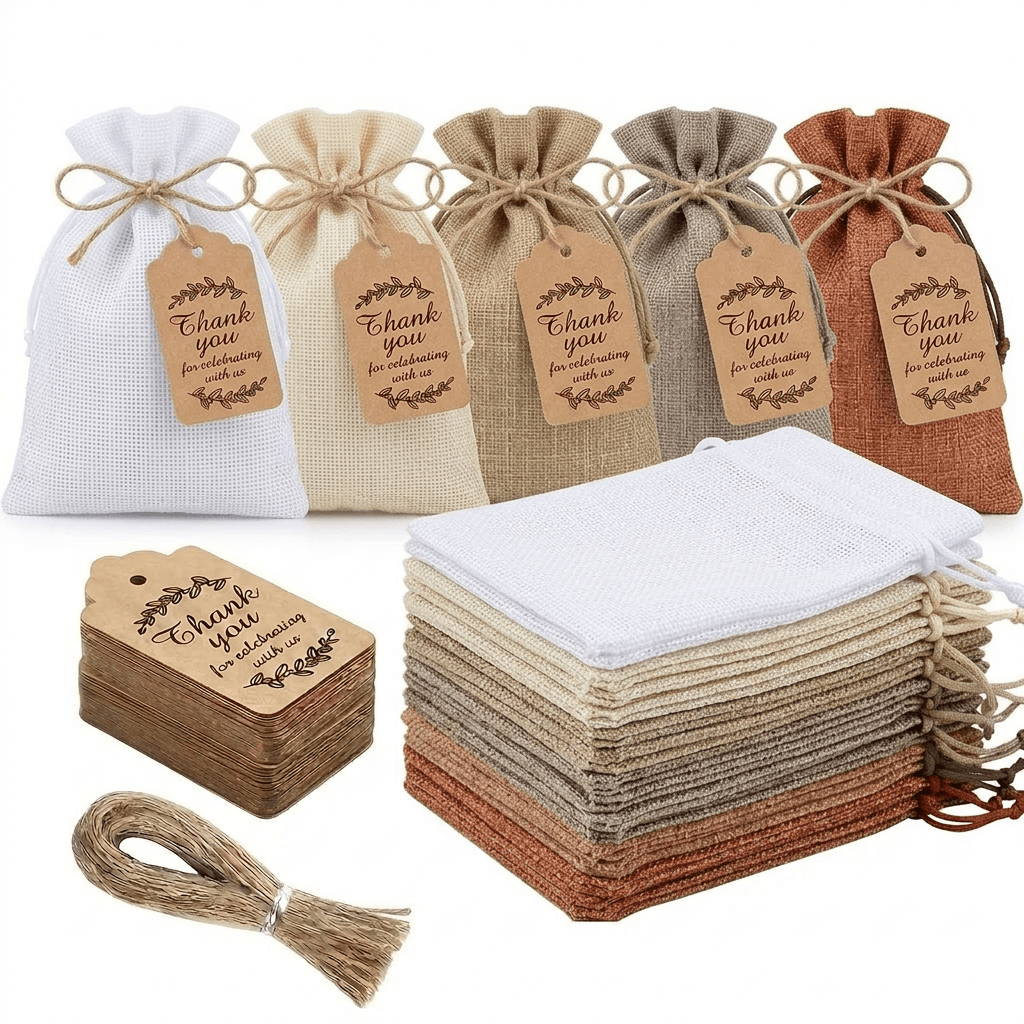 TEMU Gift For Her/him 35pcs Fabric Drawstring Pouches And Burlap Gift Bags Set With Paper Tags And For Wedding Party Favors Christmas Dinners Home
