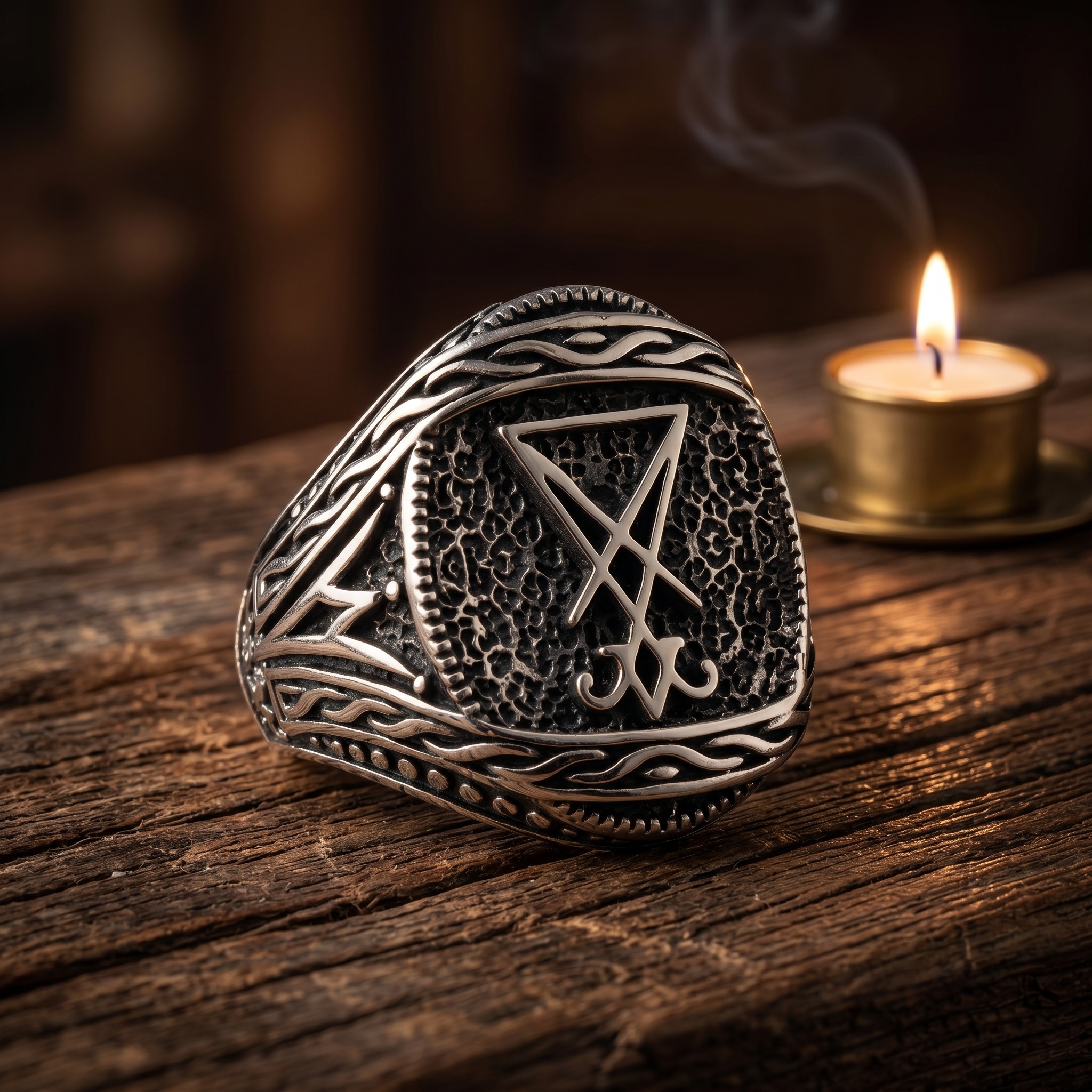 Image of Vintage Silvery 304l Stainless Steel Mystical Symbol Band Ring For Men, Trendy Fashion Style Wide Band, Edgy Streetwear Accessory