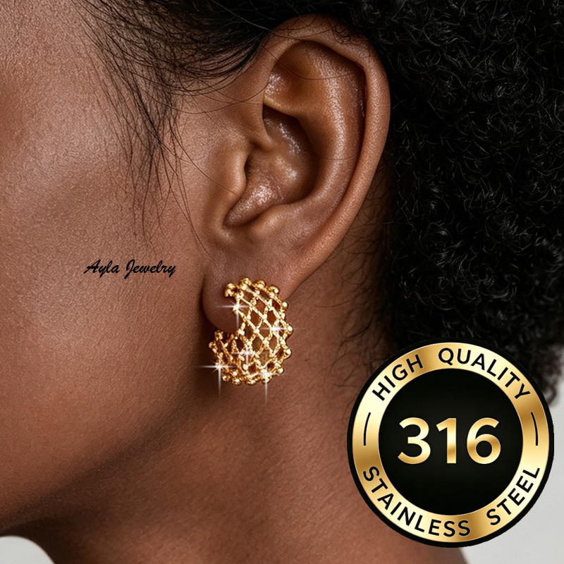 TEMU 2pcs Hollow Mesh Bead C Hoop Earrings For Women, Anti-fade Hypoallergenic 316l Stainless Steel Woven Half Circle Ear Studs, Vintage Geometric