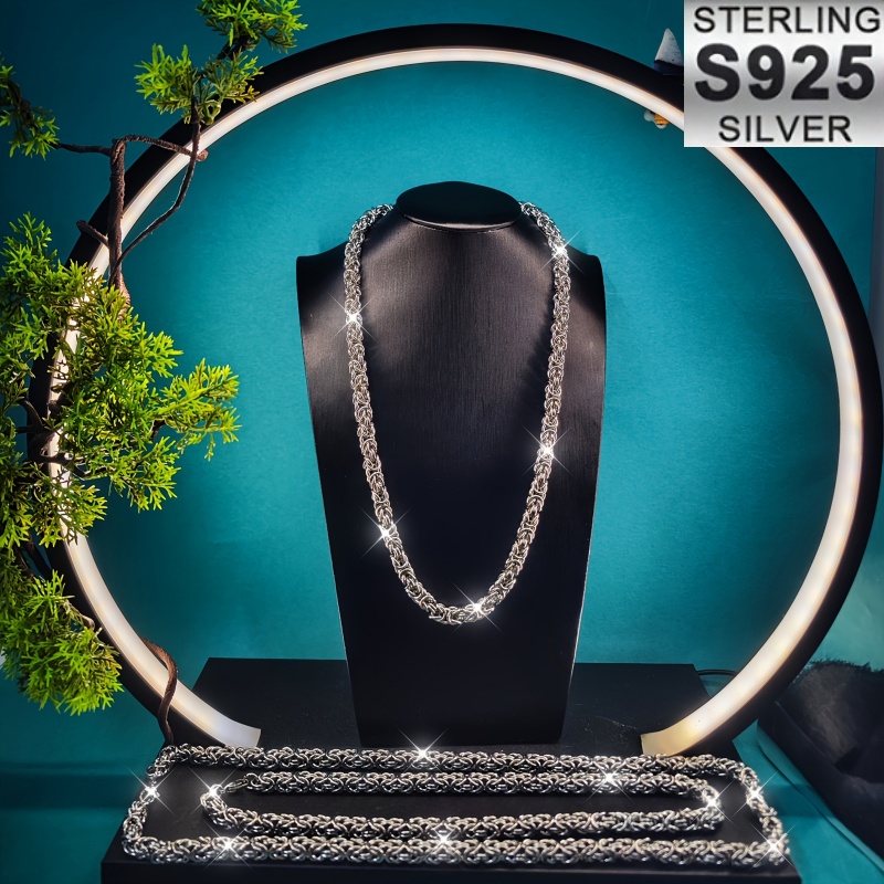 TEMU 24-inch 925 Silver Braided Necklace | Heavyweight Straw Rope, Polished Design, Unisex, Stylish, Elegant, Luxurious, Cool And Trendy, , Durable,