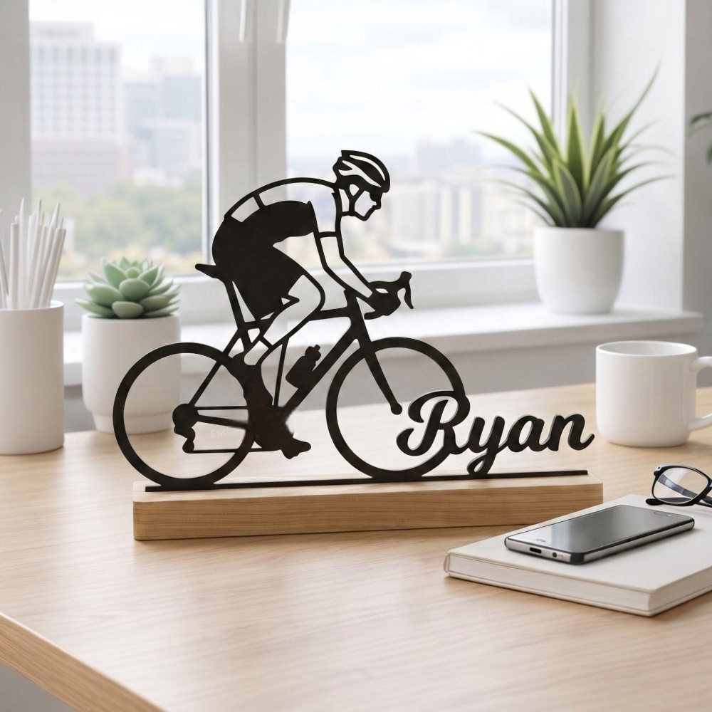 TEMU 1pz Targa Personalizzata in Metallo per Ciclista, Decorazione con Personalizzato e Base in Legno, Regalo Unico per Ciclista per Casa, Ufficio,