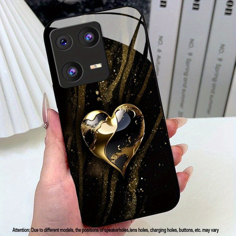 Etui za telefon - Premium modni zlati in črni etui za telefon iz kaljenega stekla z vzorcem v obliki srca, združljiv z različnimi modeli,