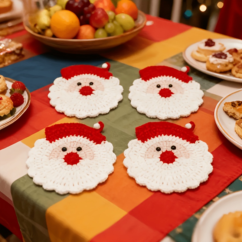 TEMU 2pcs/4pcs Ldq Handmade Crochet Santa Claus Coasters Suitable For Christmas, Durable Fabric Drink Protectors With Santa, Hand Washable Table
