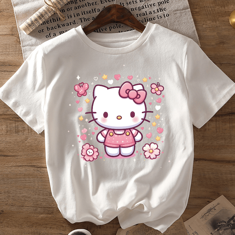 

T-shirt Sanrio Hello Kitty pour Femme - Mélange Confortable de Polyester et Spandex, Col Rond à Manches Courtes, Haut Décontracté pour l'Été et avec Design de Cœurs Roses Mignons, Chemises Hello Kitty