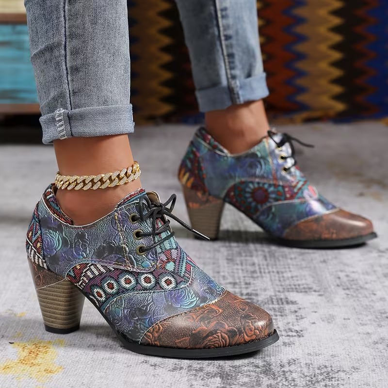 Image of Boho Floral Lace Up Block Heel Ankle Boots Women, Casual Formal Shoes With Fabric Lining, Women Shoes