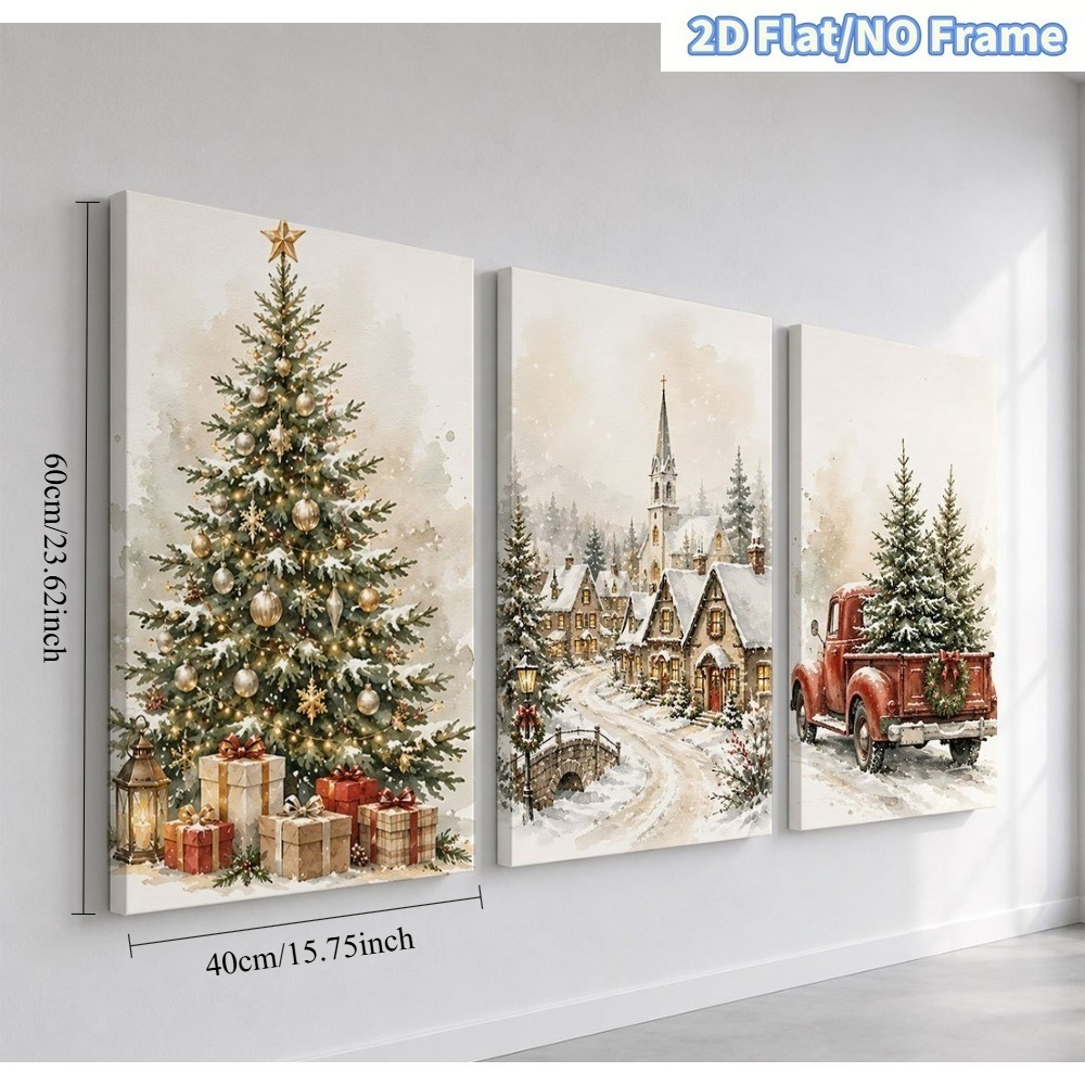 TEMU 2d Flat, 2d Flat, 3pcs 2d Flat Frameless Christmas Paintings: Decorative Tree, Snow Village, And Trees Theme Canvas Wall Art, Decor Gift,