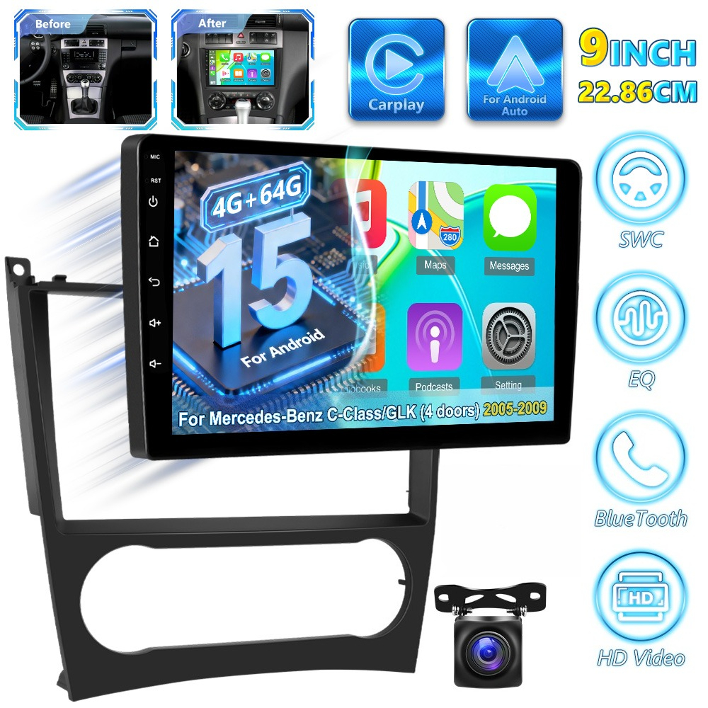 Camecho[4+64g] For Mercedes-benz / () 2005-2009 Upgrade Radio, 15, 9 Inch Ips Touchscreen Stereo - And Auto, , Wifi, Dsp/eq And Backup Camera, Without Battery