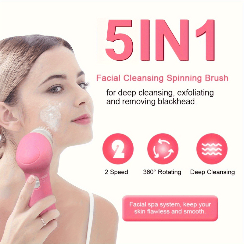 5 in 1 electric facial cleanser with vibration pore cleaning and soft play functions suitable for facial cleansing and beauty portable light beige care tool fashionable beauty gadget multi function brush attachment battery not included Product details 5