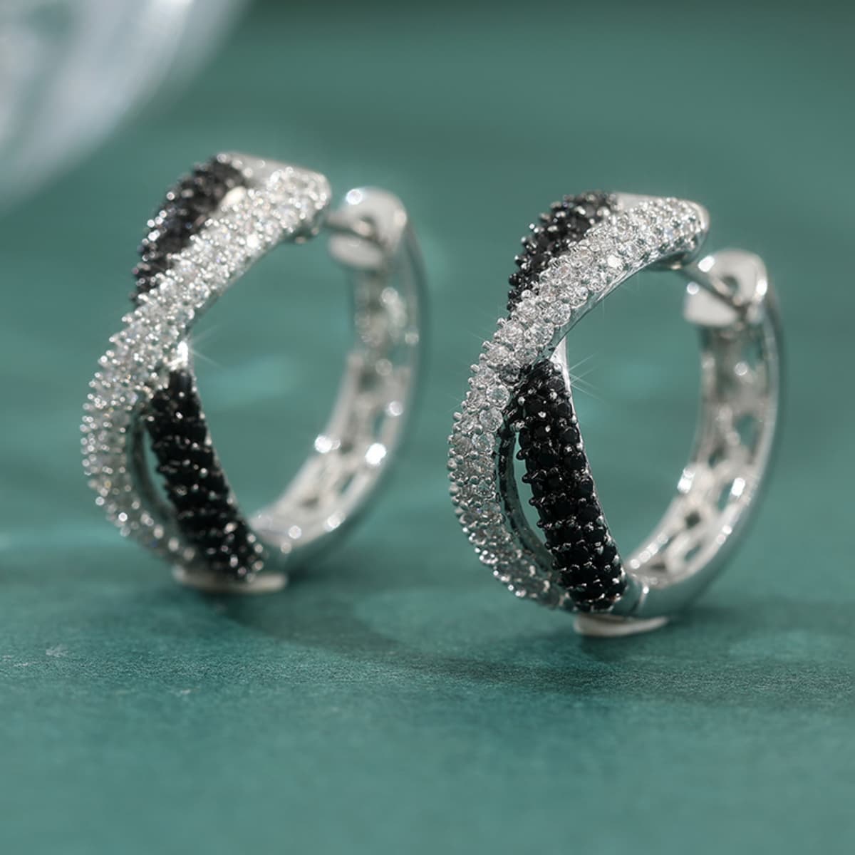 Women's Twisted Hoop Earrings with Black & White Zircon Pave