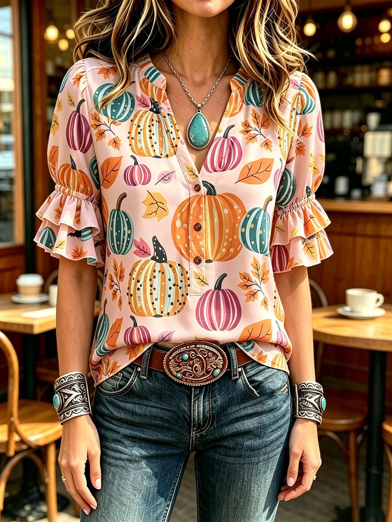 item picture womens   leaf print v neck henley blouse puff double ruffle short sleeve casual fall thanksgiving tops
