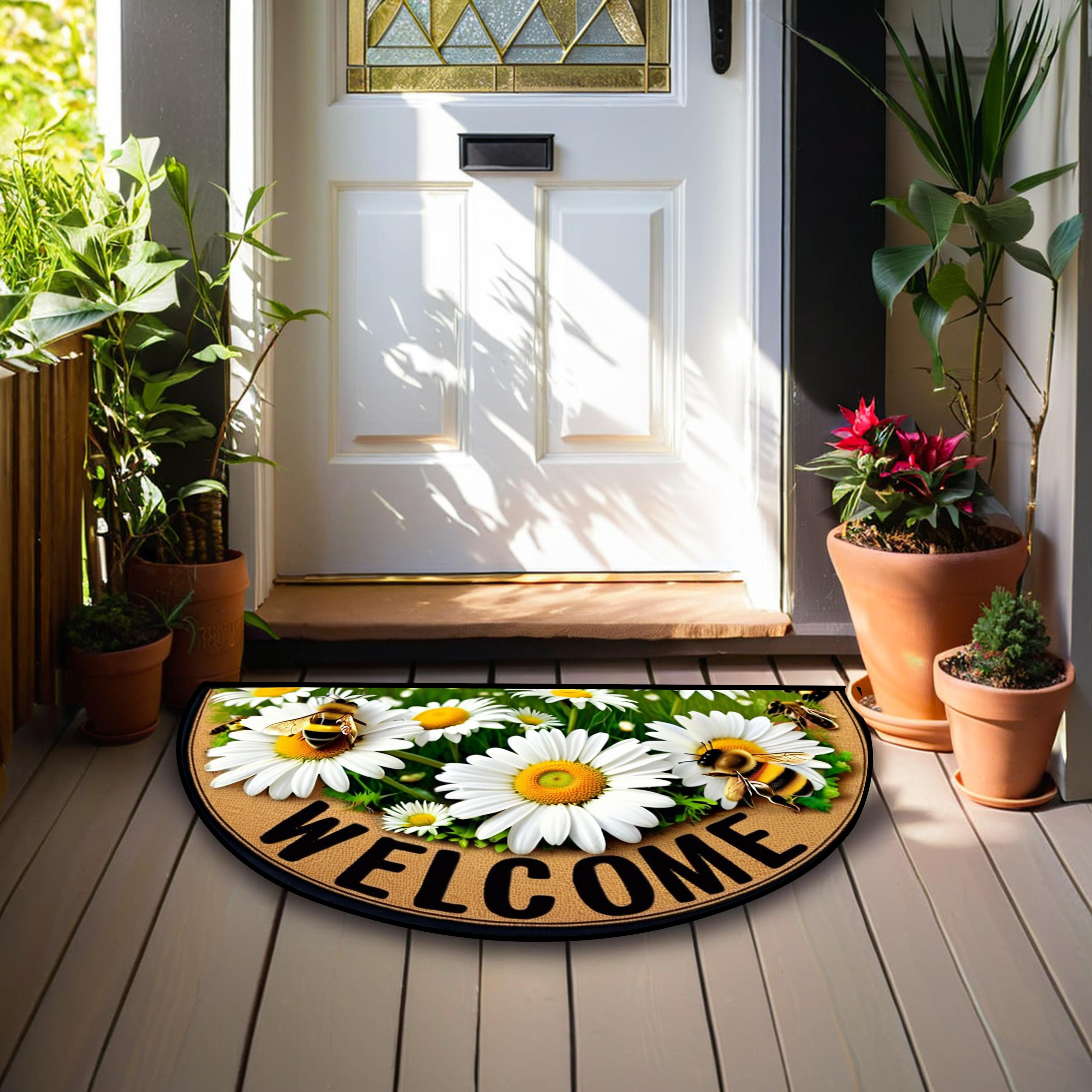 Welcome Bees & Floral Design Non-Slip Semi-Circular Door Mat - Durable 100% Polyester Entrance Mat for Farmhouse, Patio, Laundry, Kitchen, Yard Decor - Stylish Home Accent, Multiple Sizes Available, Outdoor Mat Front Door, Patio Doormat, Natureinspired Doormat, Highquality Doormat, Decorative Doormat, Housewarming Gift