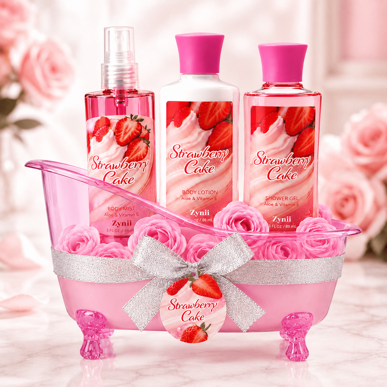 TEMU Luxury Gift Set For Women, Candy, Strawberry, Cherry & Rose Scents, 3pcs Bath & Body Care Set With Shower Gel, Body Lotion & Body Mist, 88ml