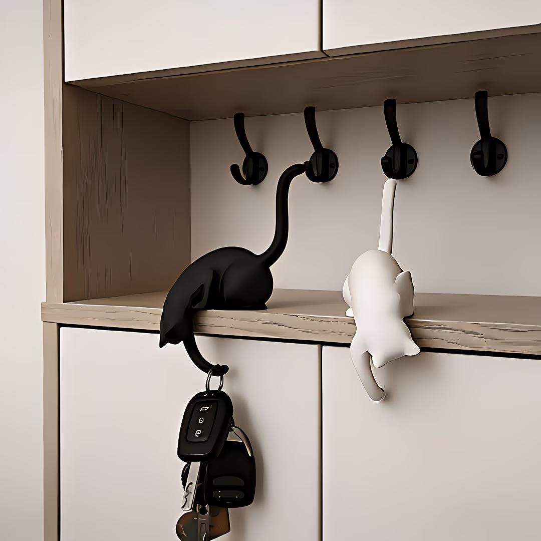 2pcs Cat-shaped Wall Hooks With Paw Print - Adhesive-free Hanging Decor Suitable For Keys, Pendants, Small Items - Cute Kitten Hooks For, Entryway, Room - Plastic Cat-themed Hangers For Organization