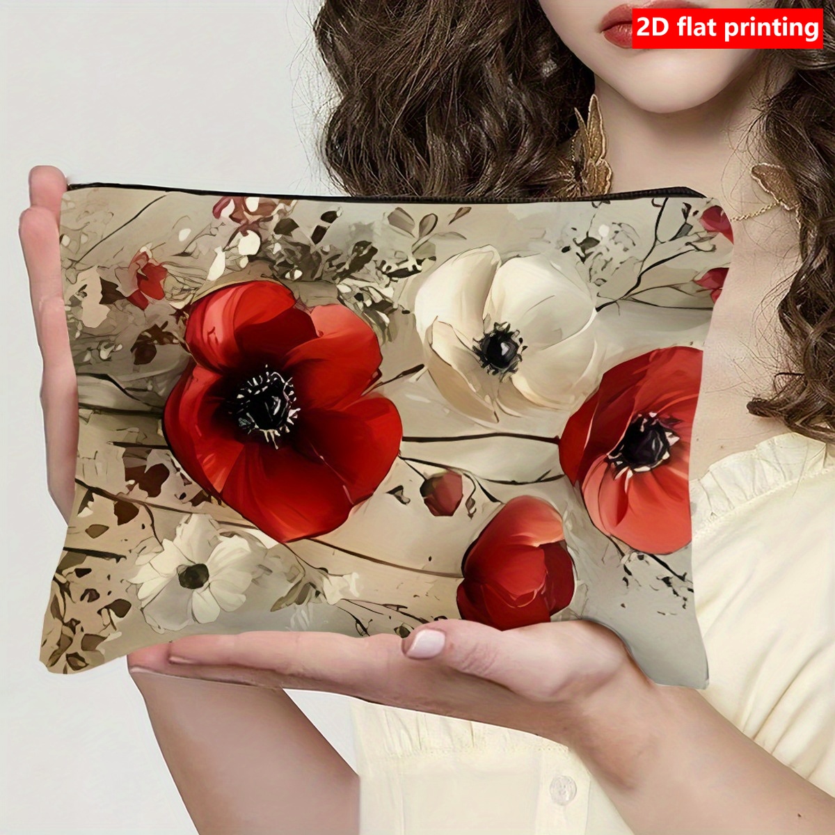 TEMU 2d Flat Printing, 1pc New Fashionable Floral Makeup Bag - Durable Fabric Storage Pouch With Red And White Floral Pattern, Lightweight And