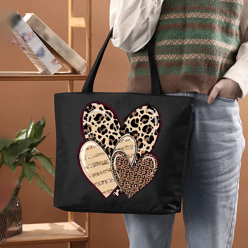 womens large capacity oxford tote bag retro artwork with golden glitter accents durable oxford fabric zipper closure fixed shoulder straps machine washable black commuter bag for work travel travel shoulder bag heart pattern tote durable construction details 0