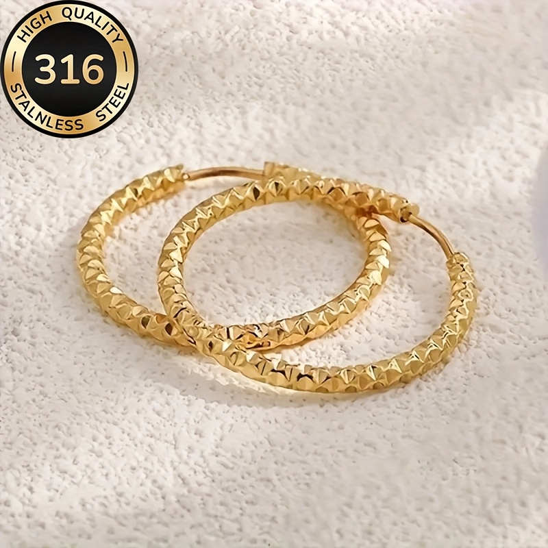 TEMU 18k Plated Hypoallergenic Stainless Steel Hoop Earrings - 1 Pair Women's Vintage Plated Textured Large Hoops, Fade-resistant Comfortable