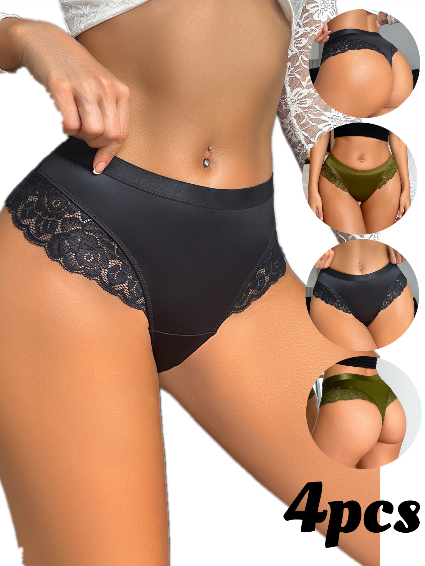 Set van 4 dames satijnen kanten ondergoed - Olijfgroen, mid-riem bikini stijl, stijlvol en comfortabel voor dagelijks gebruik