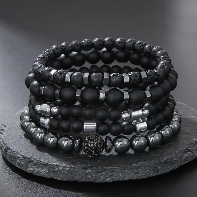 TEMU 5pcs Fashion Black Beaded Bracelet Set For Men Marble Material Stackable Reverse Scallop Design Trendy Jewelry For And Giftgiving