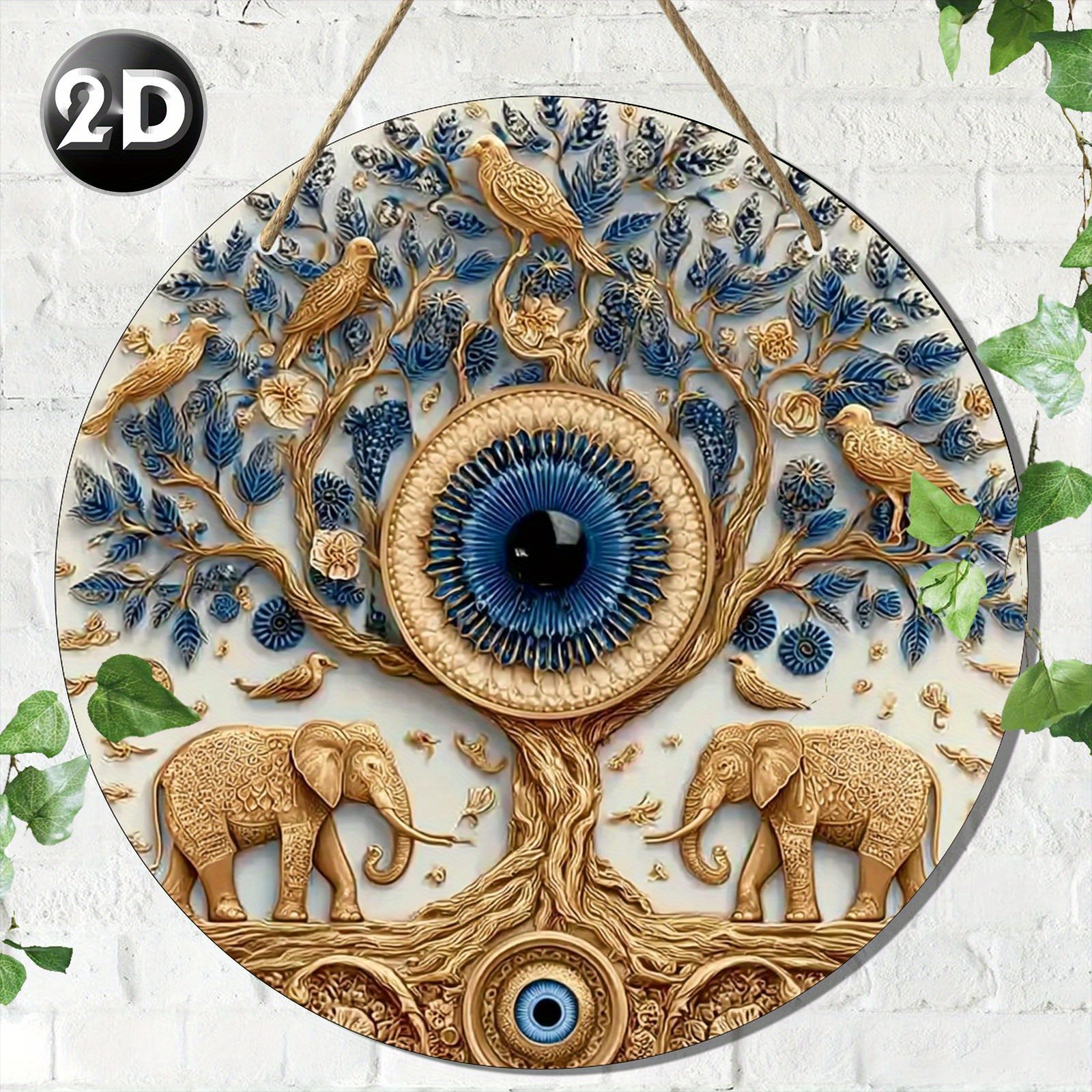 TEMU Plat 2D, Imprimé Plat 2D, 1 pièce, Plaque Décorative Ronde en Bois sur le Thème Arbre de Vie, Œil du Œil, Éléphant, Ornement Mural à Suspendre